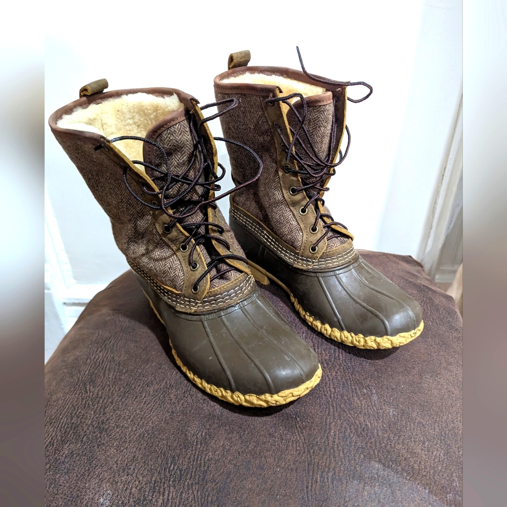 LL Bean 10" Brown Weave Wool Herringbone Shearling Lined Duck Boots 9 M